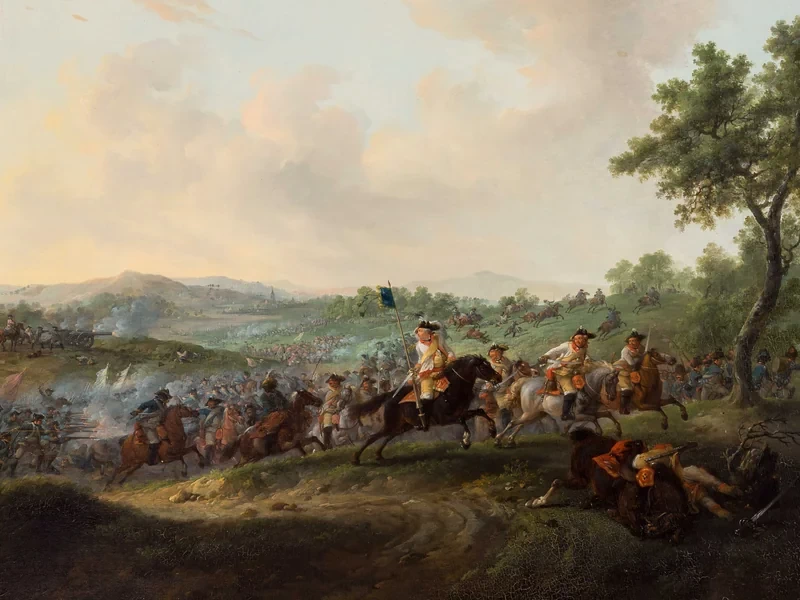 1748-Dirk Langendijk - Paesaggio collinare con cavalleria in ritirata durante una battaglia